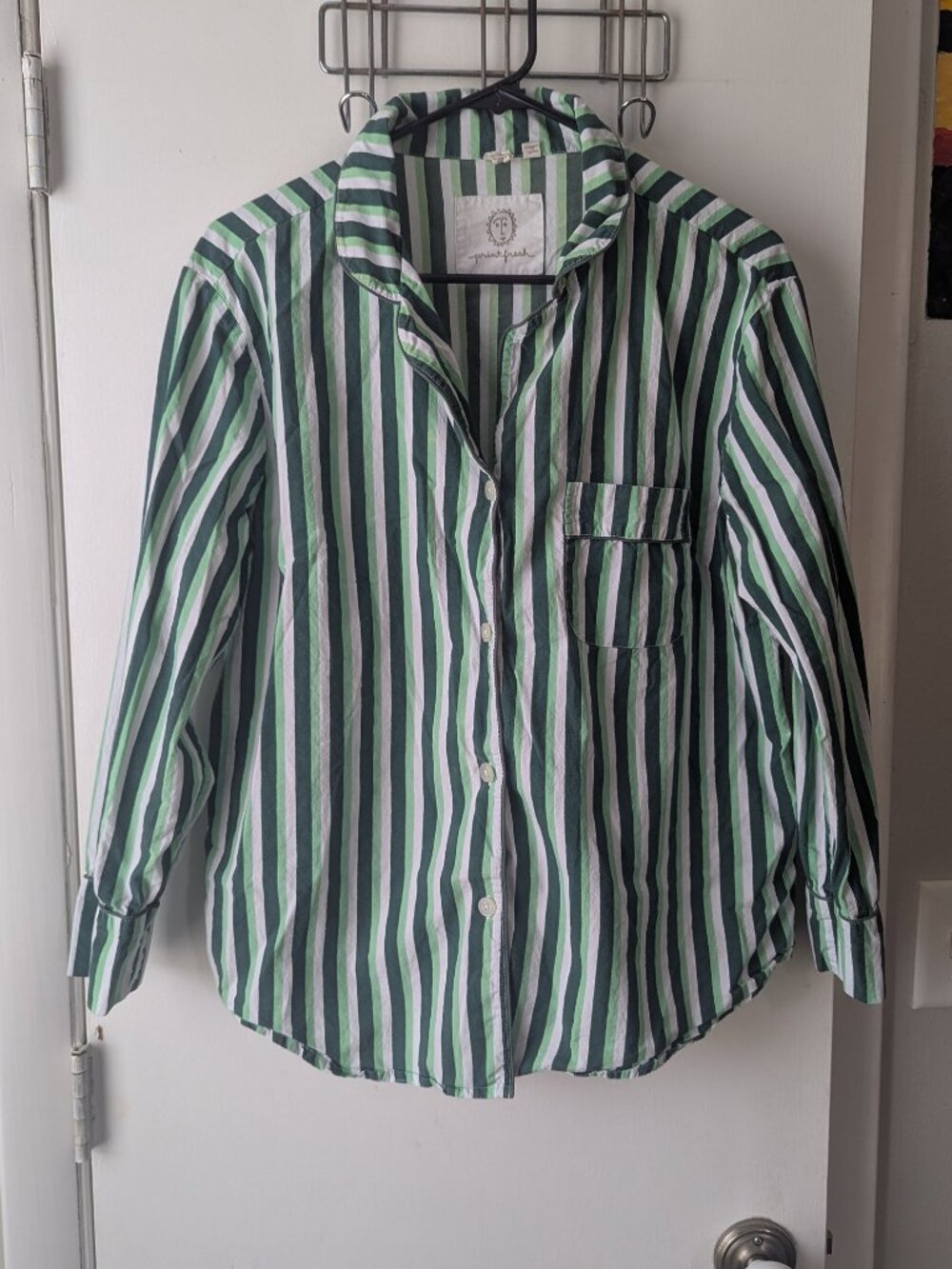 Printfresh Green Striped Button Down PJ Blouse Top Size Medium